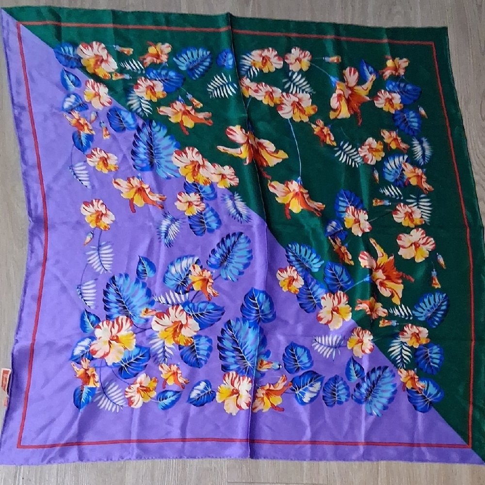 Floral Silk Scarf with Green and Purple Design